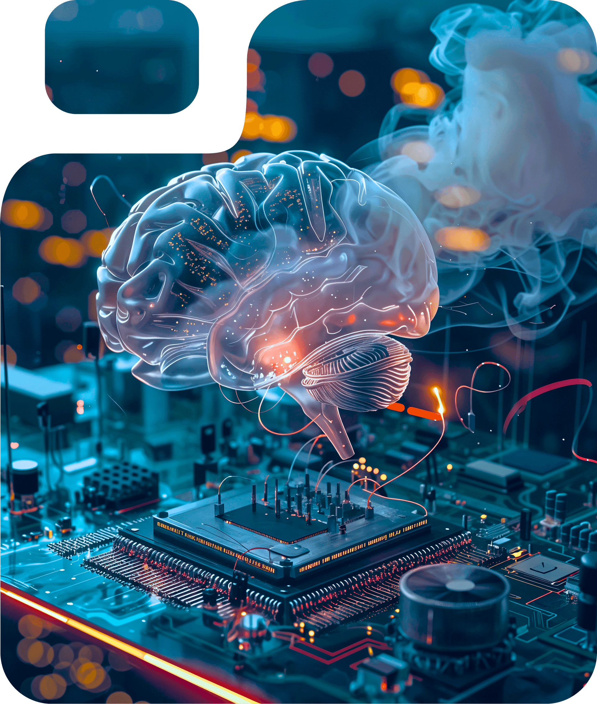 Digital brain and circuit board representing AI knowledge systems